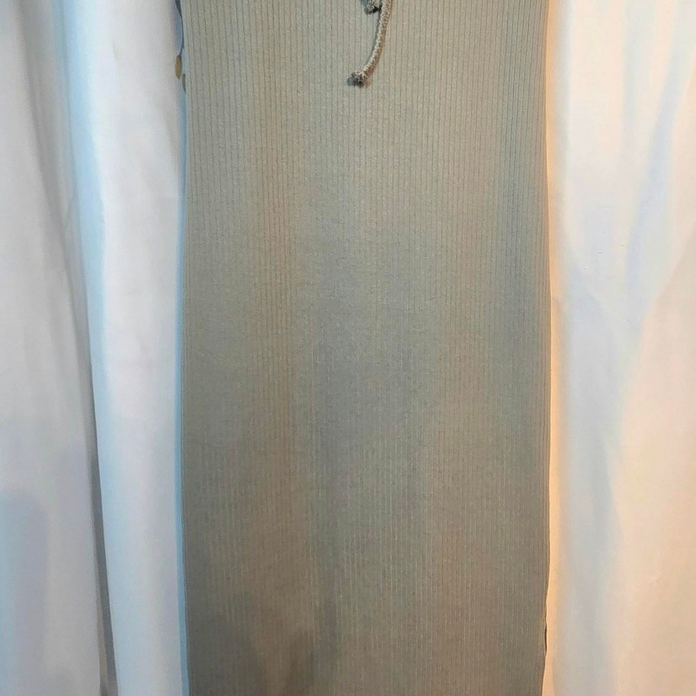 Woman's Olive Green Ribbed Sheath Dress-Strappyโ Sleeveless Side Slit Tie Front